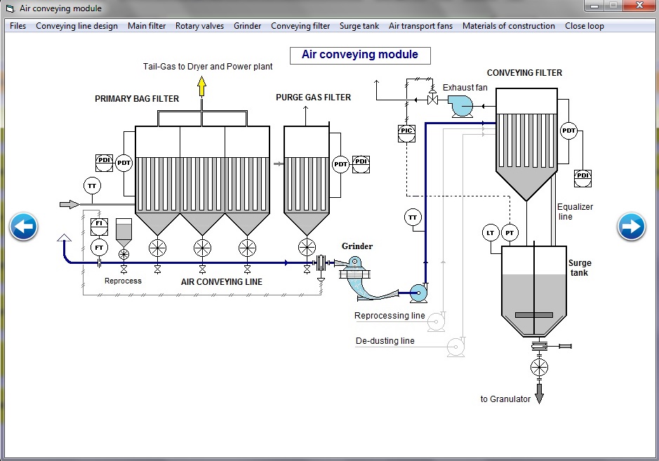 Air conveying (transport) module with calculation and sizing of related equipment