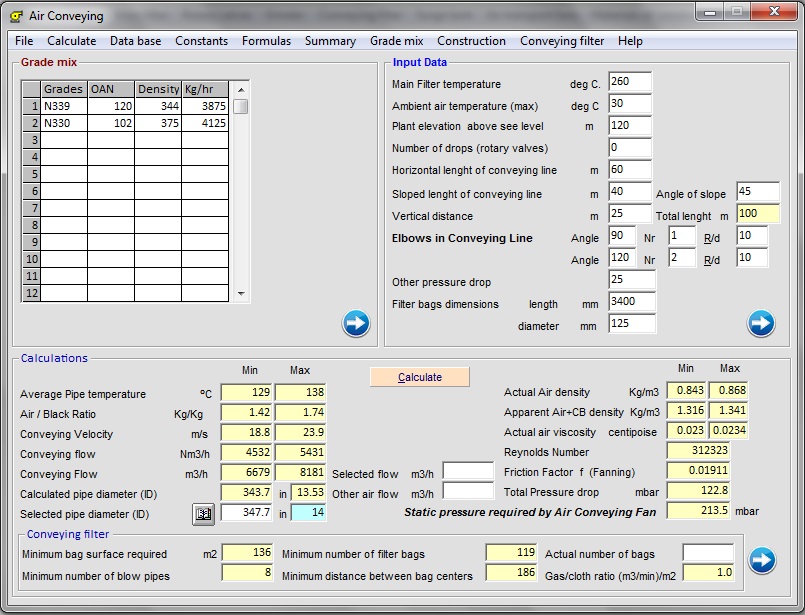 Example of calculation of an Air conveying (transport) system