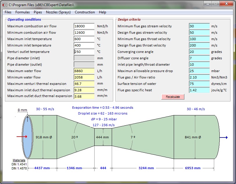 Example of calculation of a smoke line Venturi cooler